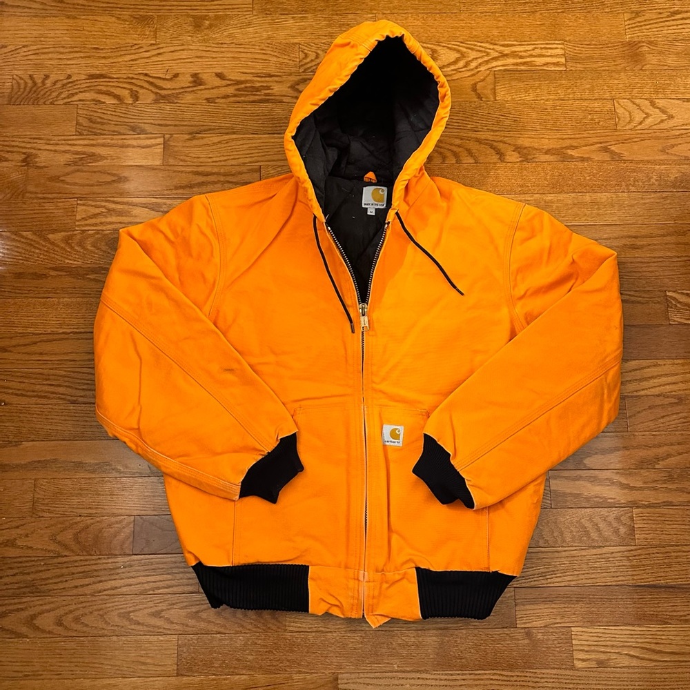 Vintage 90s Carhartt Hooded Orange Work Jacket Made in USA size medium